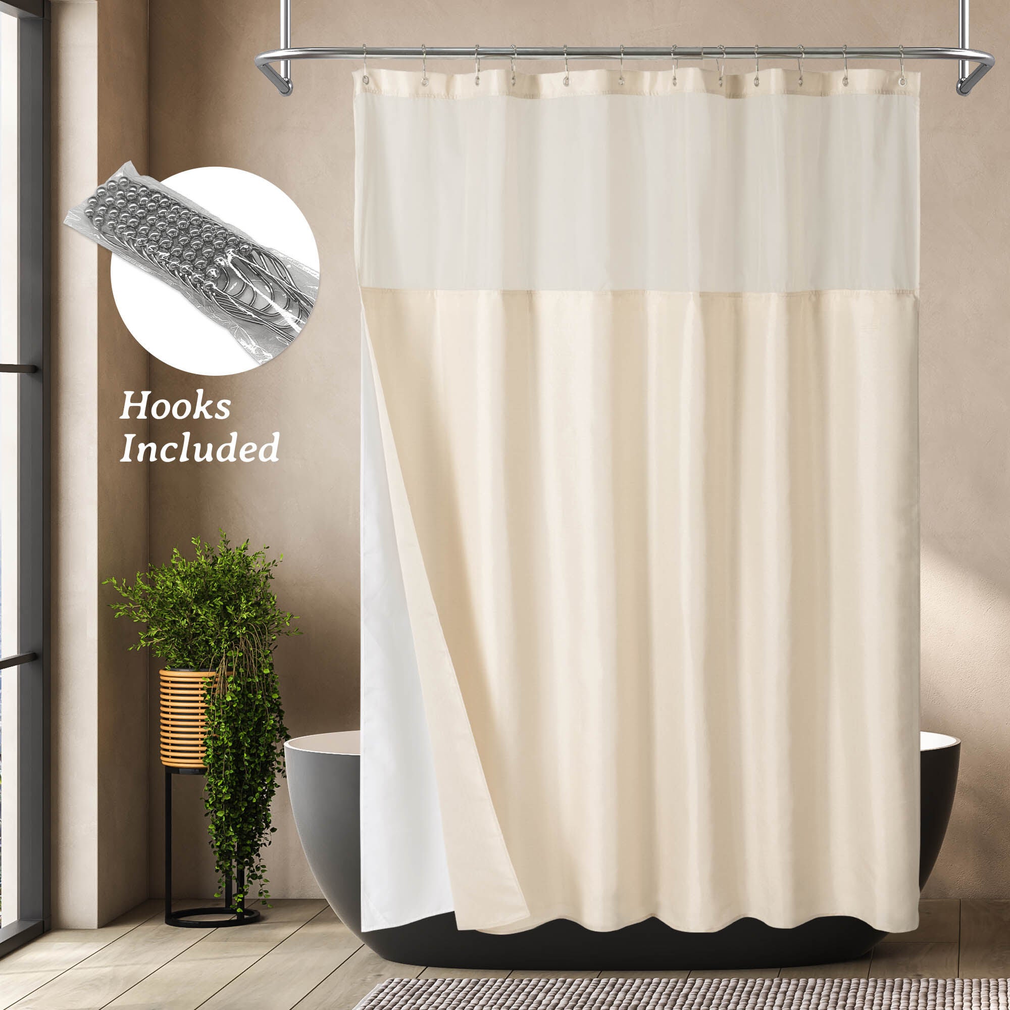 Slub Linen Texture Shower Curtain with Snap-in Liner, Hooks Included, LINEN, hi-res image number 0