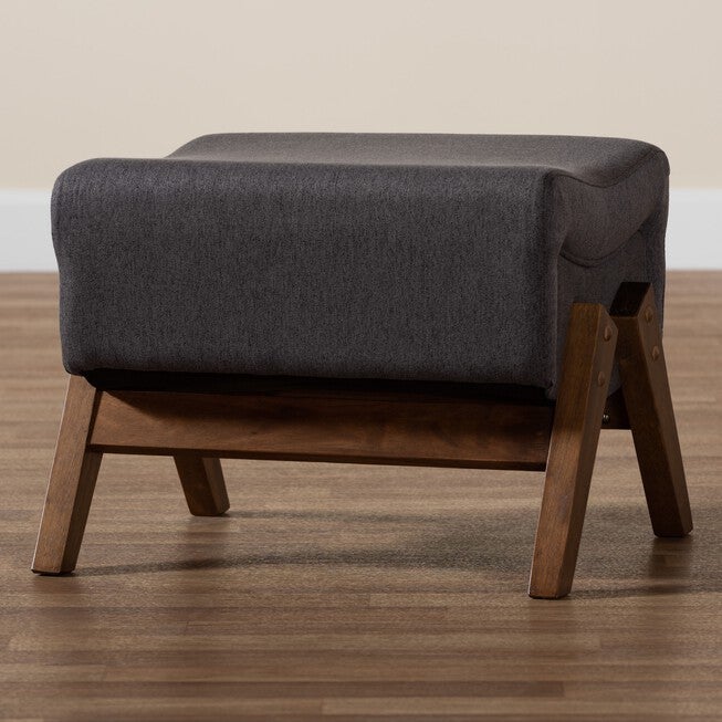 Hanson Mid-Century Modern Dark Grey Fabric And Walnut Brown Finished Wood Ottoman, , alternate image number null