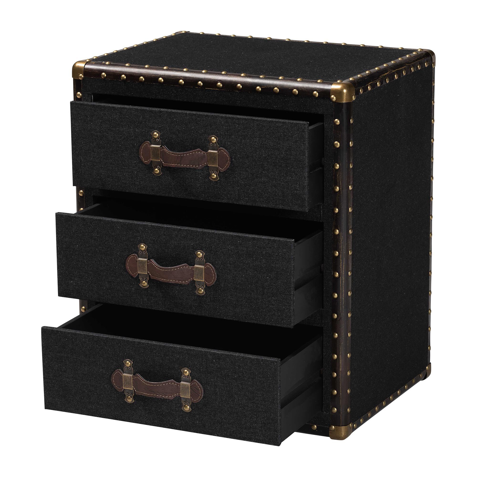 Black canvas end table with three drawers, one drawer open