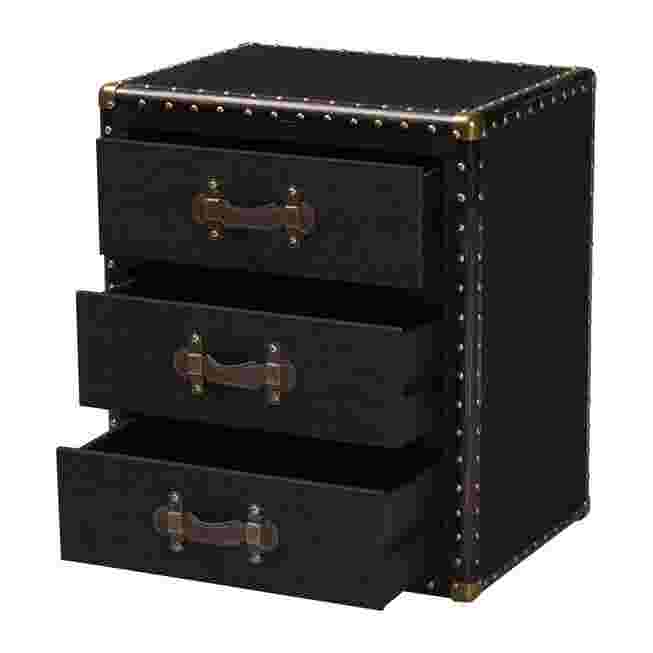 Black canvas end table with three drawers, one drawer open