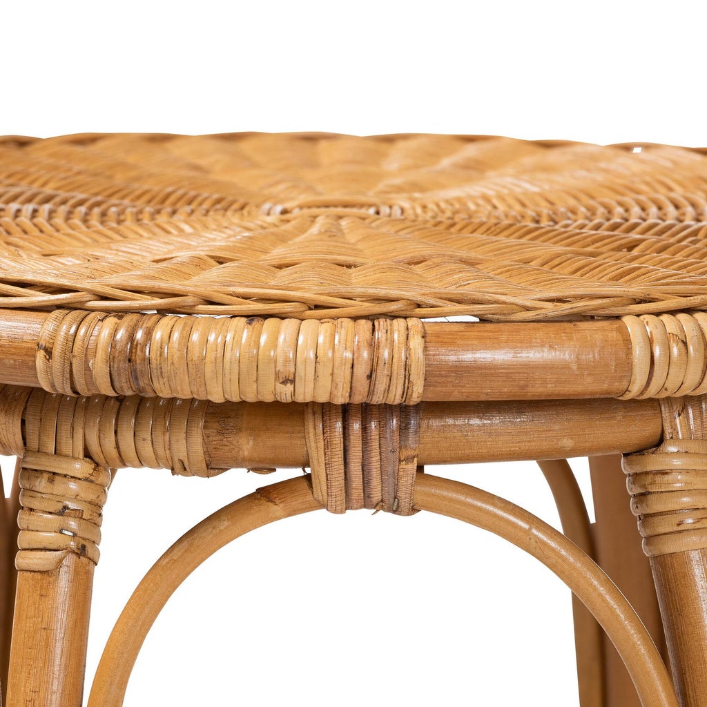 Close-up of woven rattan tabletop and wrapped joint on round end table