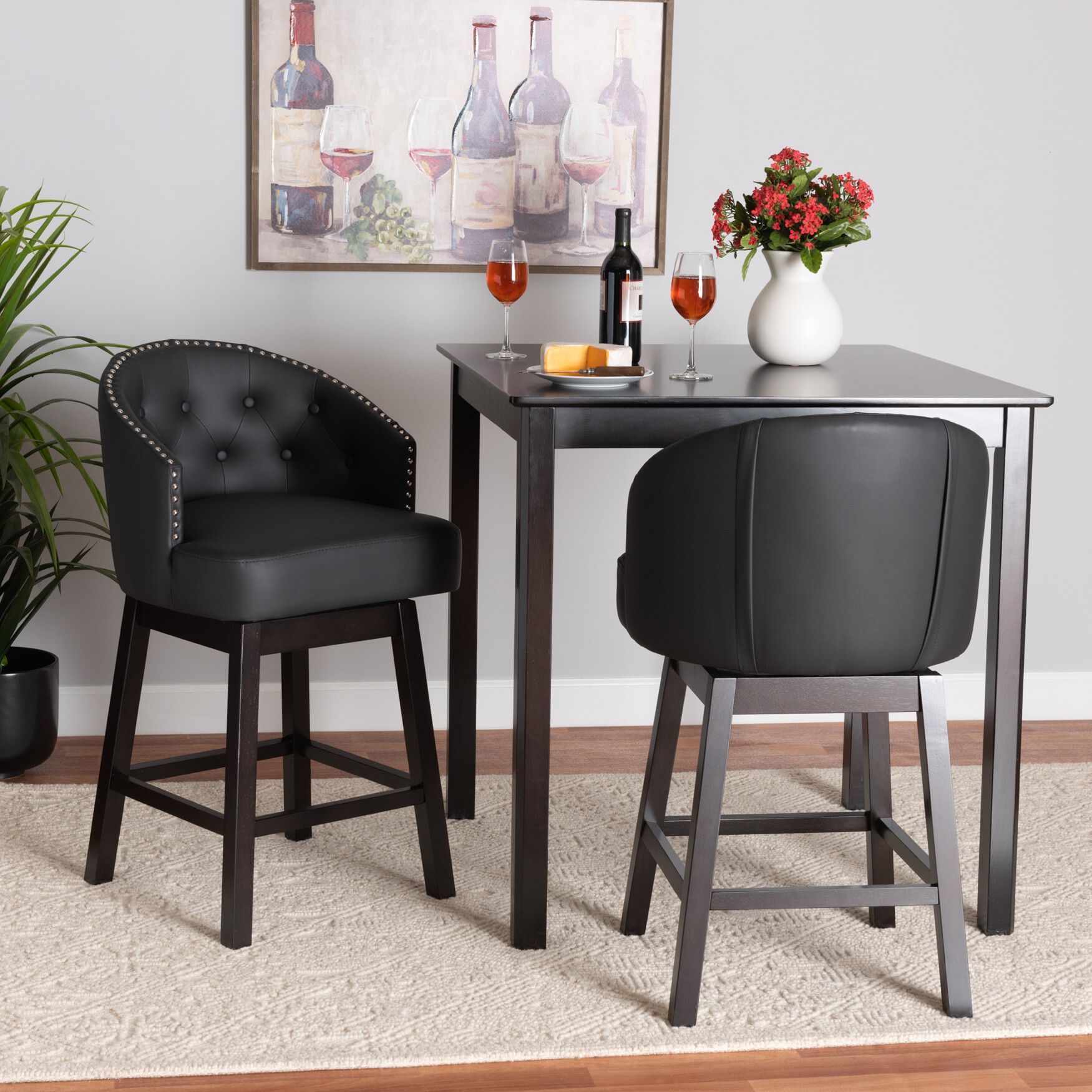 Theron Mid-Century Transitional Black Faux Leather and Espresso Brown Finished Wood 2-Piece Swivel Counter Stool Set, , alternate image number 23