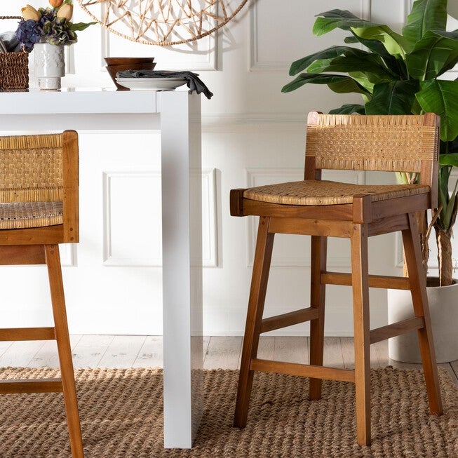 Asgart Bohemian Natural Rattan and Mahogany Wood Bar Stool, LIGHT, hi-res image number 0