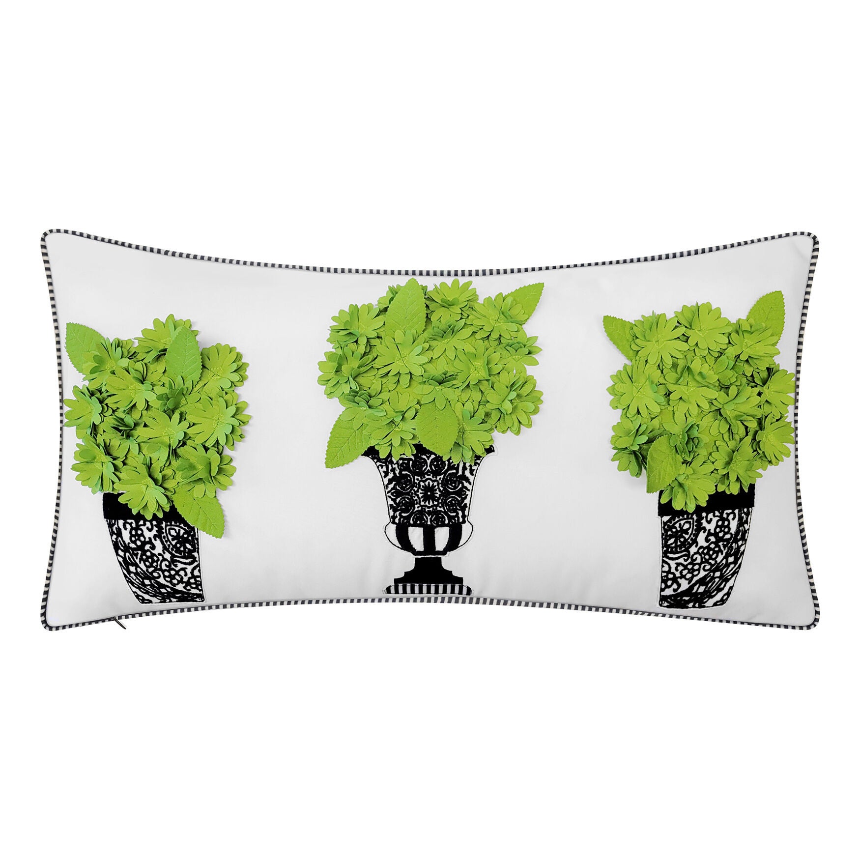 Indoor/Outdoor Dimensional Topiary Lumbar W Crewel Embroidered Pots Decorative Throw Pillow 13X25, Leaf Multi, LEAF MULTI, hi-res image number 0