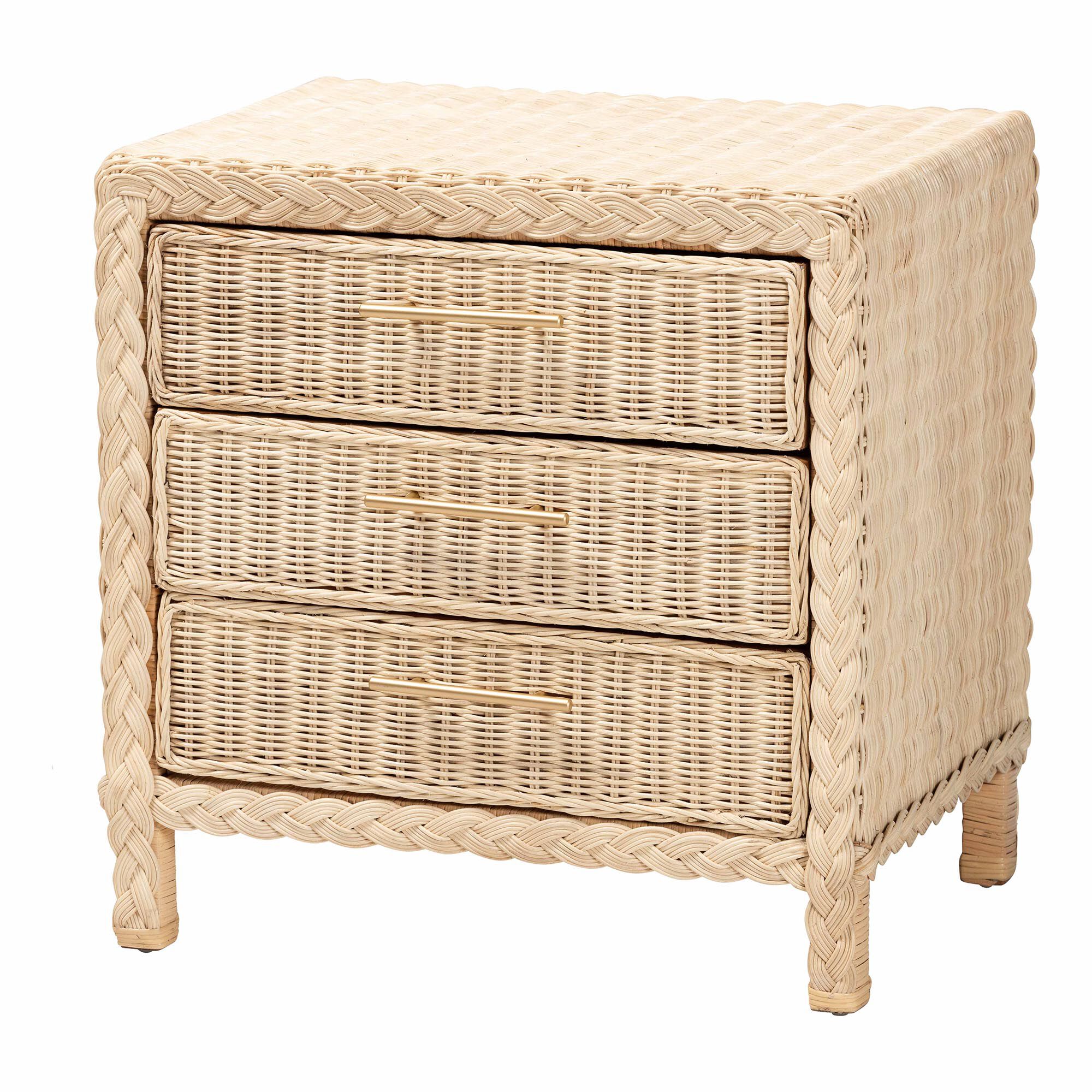 Lanica Japandi Sun Bleached Rattan 3-Drawer Nightstand, BROWN, alternate image number 1