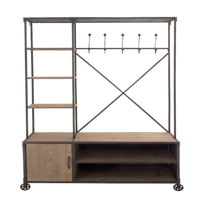 Industrial Rectangular Brown Wood and Metal Multi-Tiered Clothing Rack, 72 inchesH x 44 inchesL x 17 inchesW, BROWN, hi-res image number 0