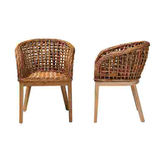 Two wicker dining chairs with wooden legs