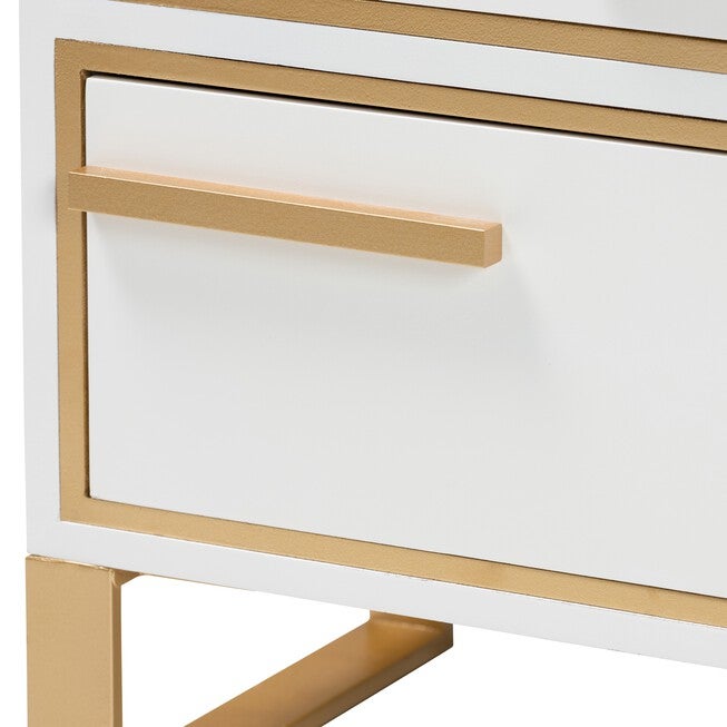 Giolla Contemporary Glam And Luxe White Finished Wood And Gold Metal 2-Drawer Nightstand, , alternate image number null