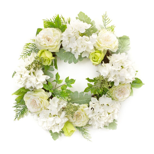 Peony And Hydrangea Floral Wreath 21 inchesD, WHITE, hi-res image number null