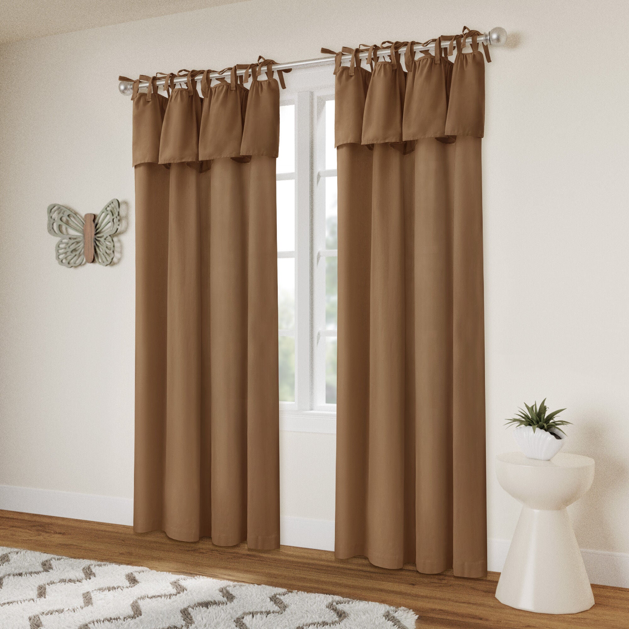 Recycled Cotton Blend Ruffle Tie Top Curtain Pair, COFFEE, alternate image number 2