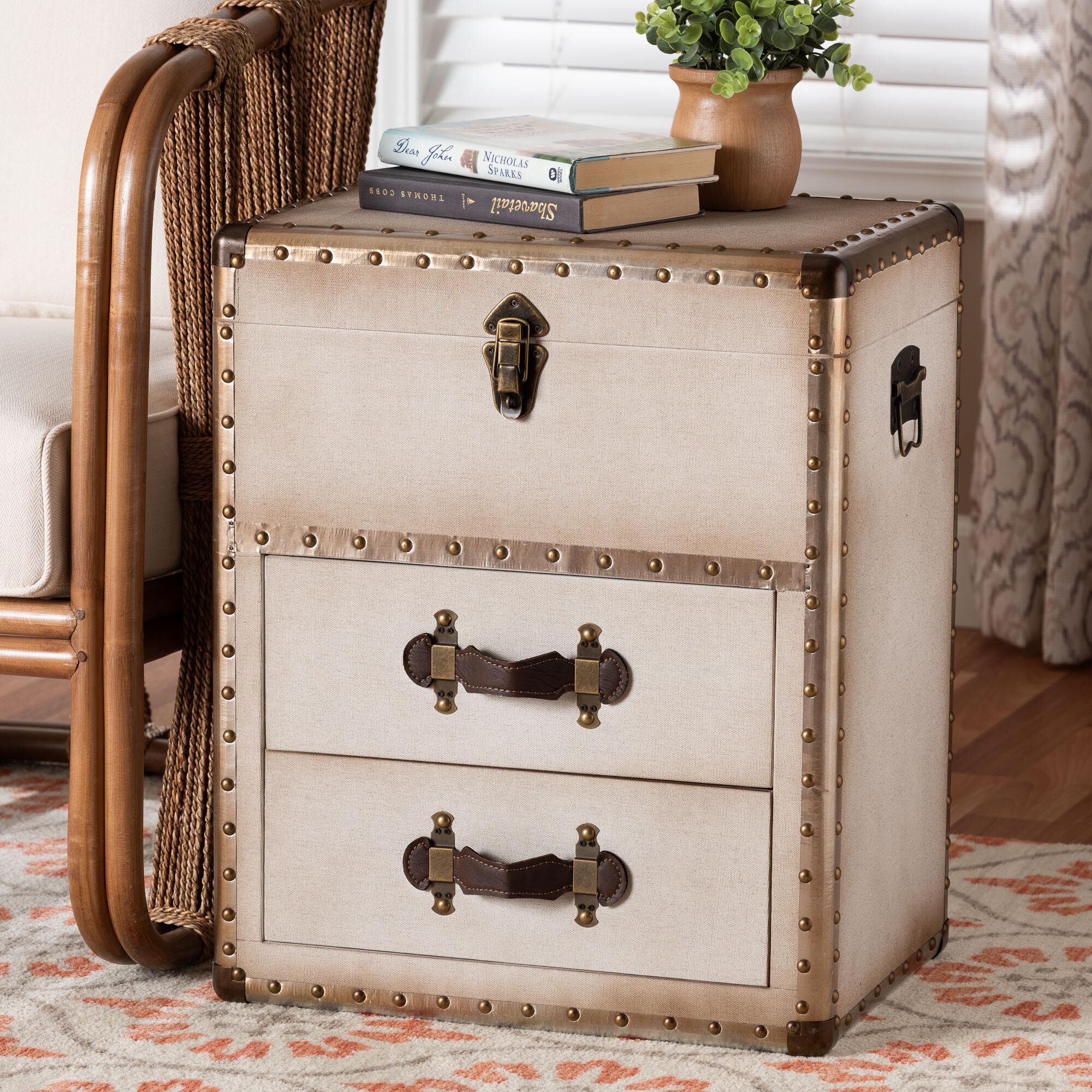 Agatha Vintage Coffee Canvas 2-Drawer Storage Trunk, BEIGE, hi-res image number 0