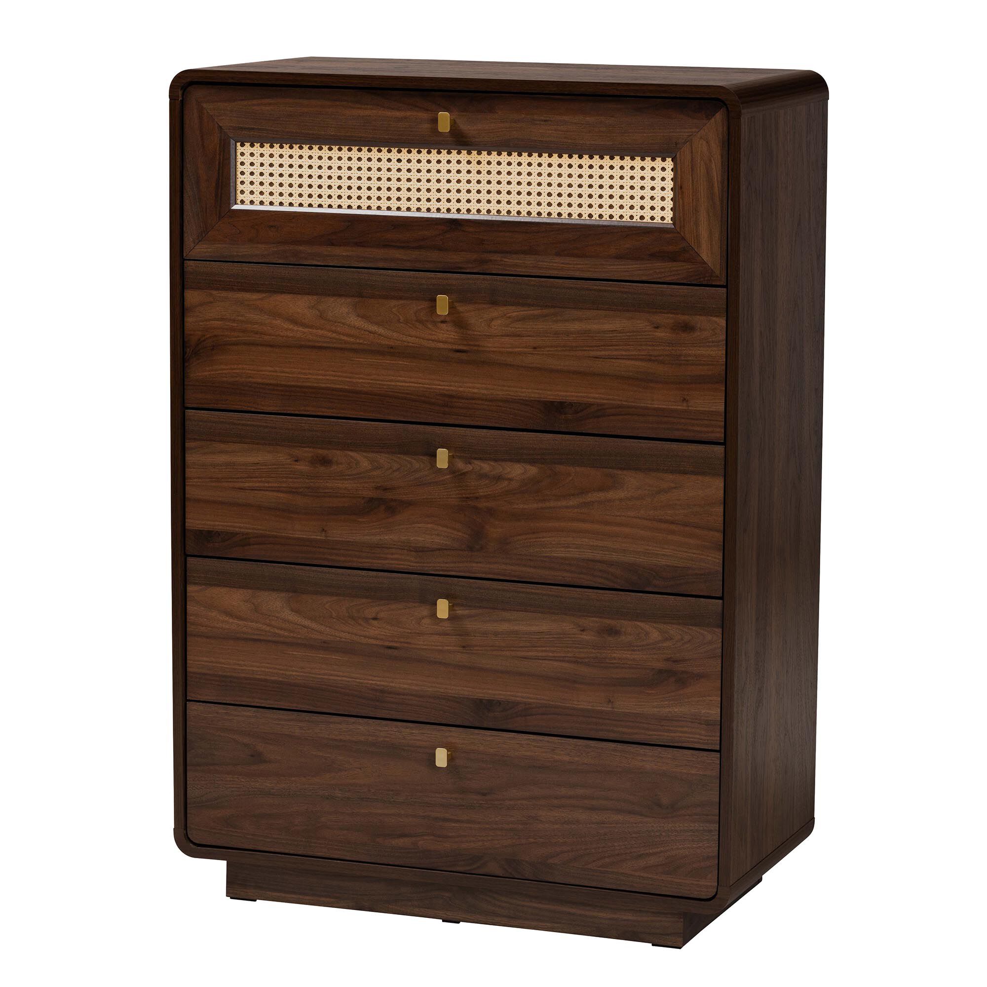 Jenibelle Classic Walnut Brown Wood 5-Drawer Chest with Rattan Drawer, BROWN, alternate image number 2