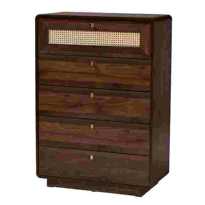 A dark wood chest with a rattan drawer front, shown against a white background.