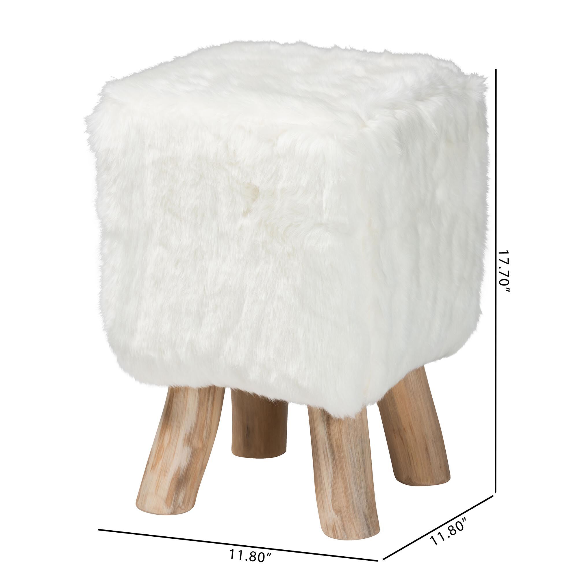 Scotlyn Faux Fur Footstool with Teak Wood Legs, WHITE, alternate image number 6