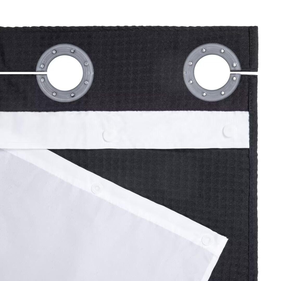 No Hook Cotton Blend Waffle Woven Shower Curtain with Snap-in Liner, BLACK, on-hover image number 1
