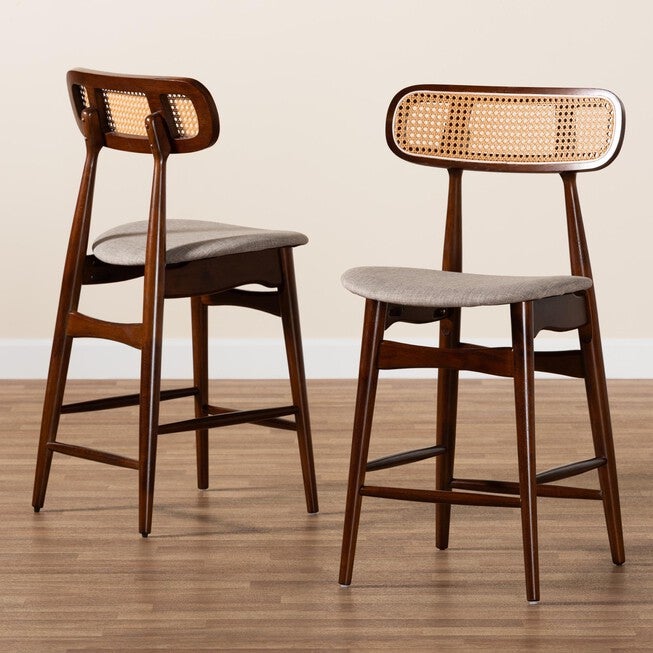 Tarana Mid-Century Modern Grey Fabric And Walnut Brown Finished Wood 2-Piece Counter Stool Set, , alternate image number null
