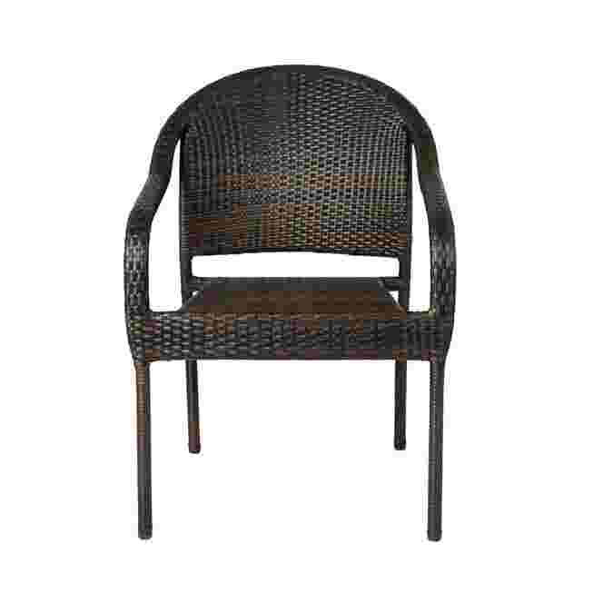 Black wicker stacking chair with armrests from a front view on a white background