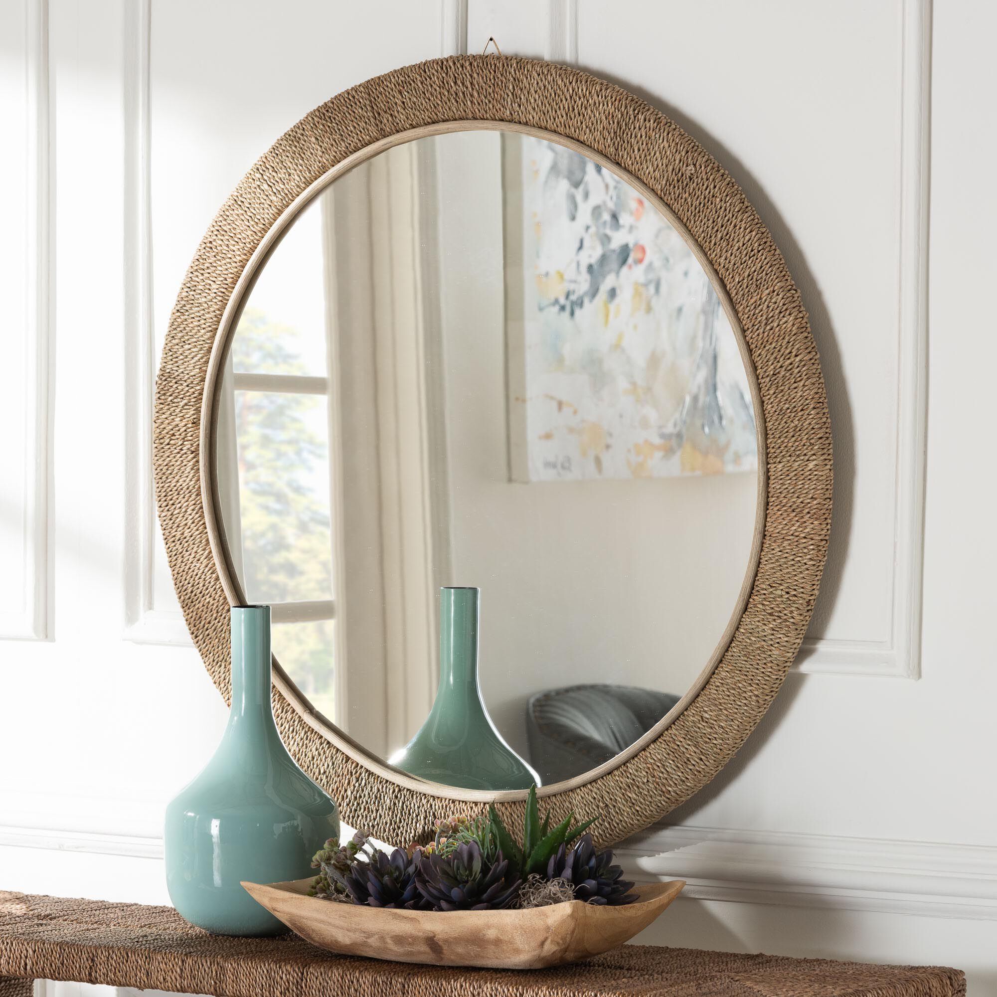 Geralyn Japandi Natural Seagrass Round Wall Mirror, NATURAL, hi-res image number 0
