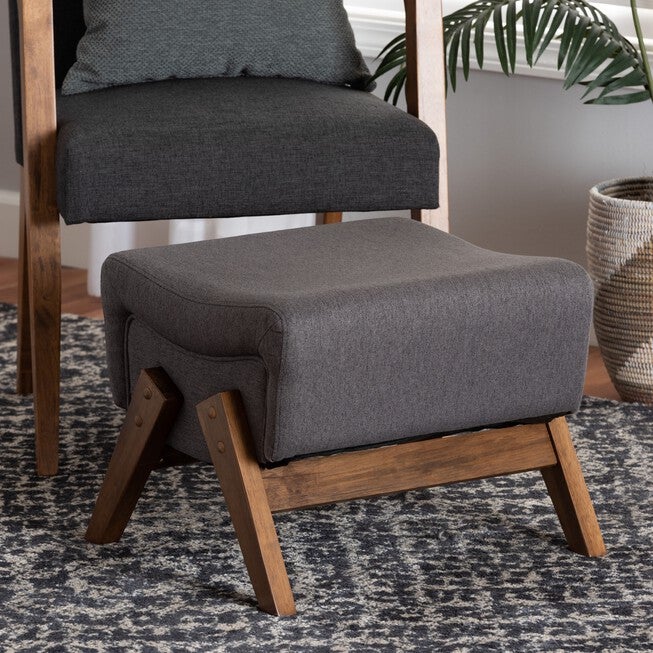 Hanson Mid-Century Modern Dark Grey Fabric And Walnut Brown Finished Wood Ottoman, , alternate image number null