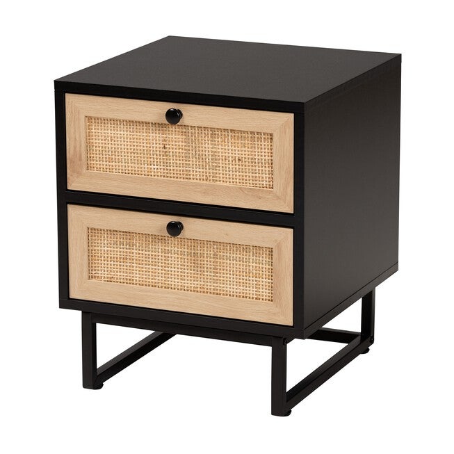 Declan Mid-Century Modern Espresso Brown Finished Wood And Natural Rattan 2-Drawer Nightstand, ESPRESSO BROWN BLACK, hi-res image number null