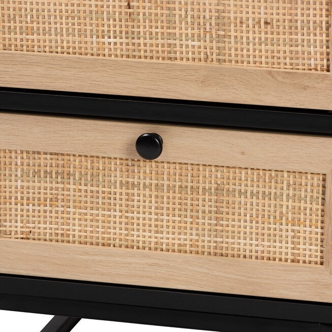 Declan Mid-Century Modern Espresso Brown Finished Wood And Natural Rattan 2-Drawer Nightstand, , alternate image number null