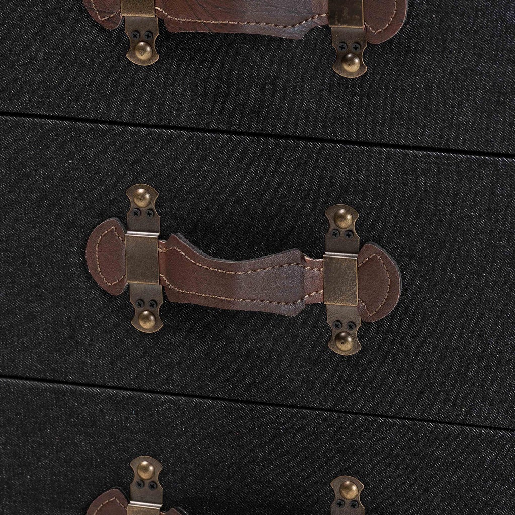 Close-up of leather drawer pull hardware on the 4-drawer chest