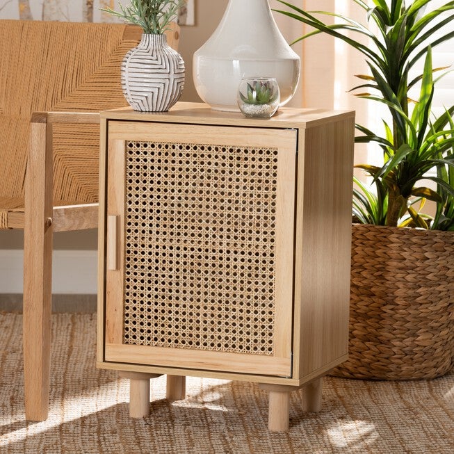 Maclean Mid-Century Modern Rattan And Natural Brown Finished Wood 1-Door Nightstand, , alternate image number null