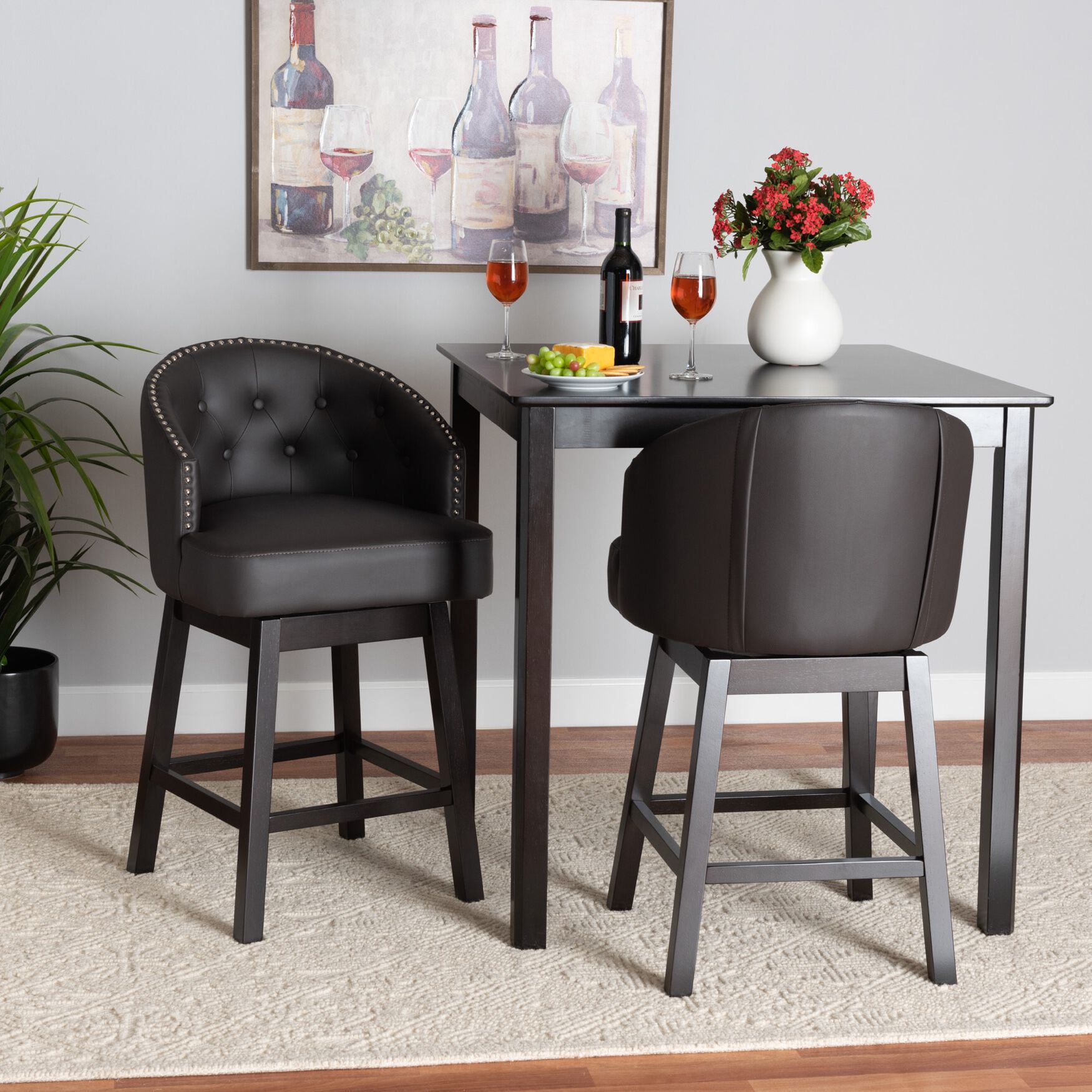 Theron Mid-Century Transitional Black Faux Leather and Espresso Brown Finished Wood 2-Piece Swivel Counter Stool Set, , alternate image number 25