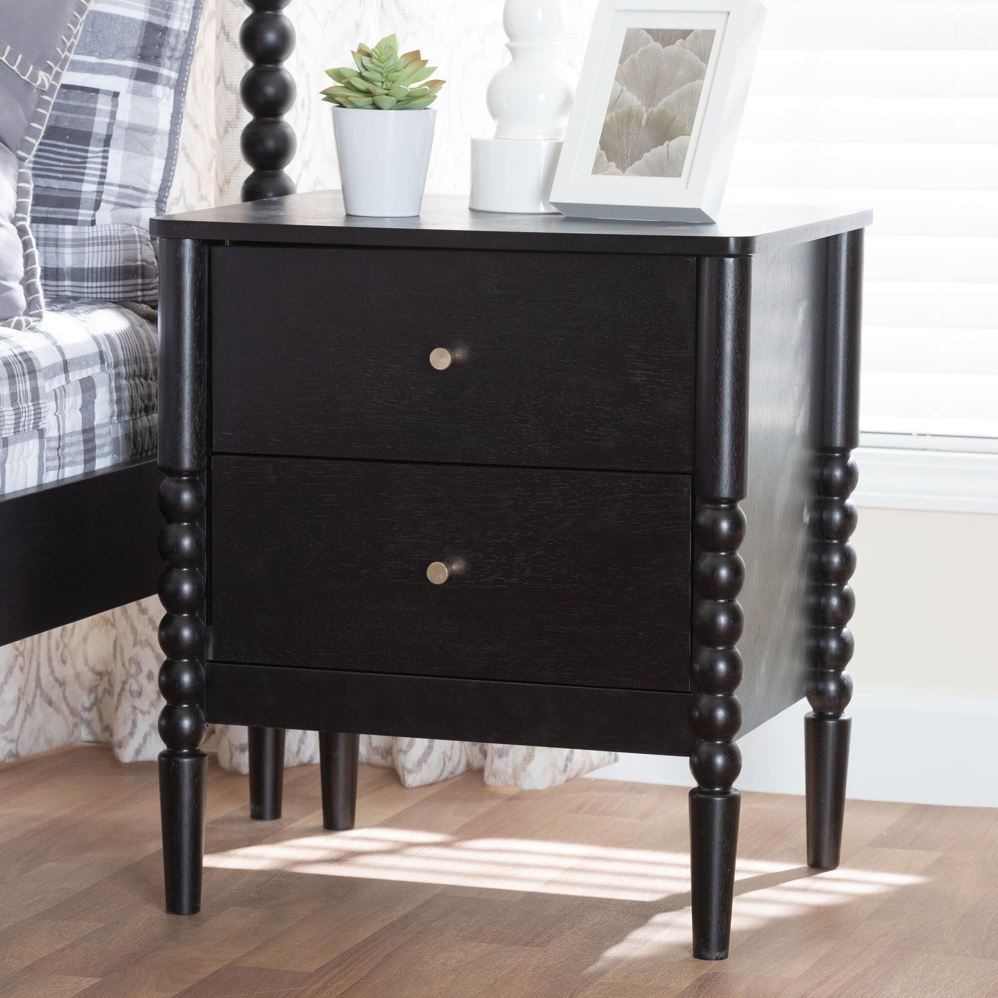 Lucera Mid-Century White 2-Drawer Bobbin Nightstand, BLACK, hi-res image number 0