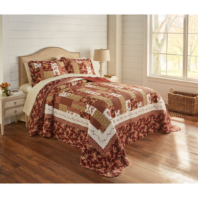 Bedspread, Allison Printed Patchwork Bedspread Collection, BURGUNDY MULTI, hi-res image number 0