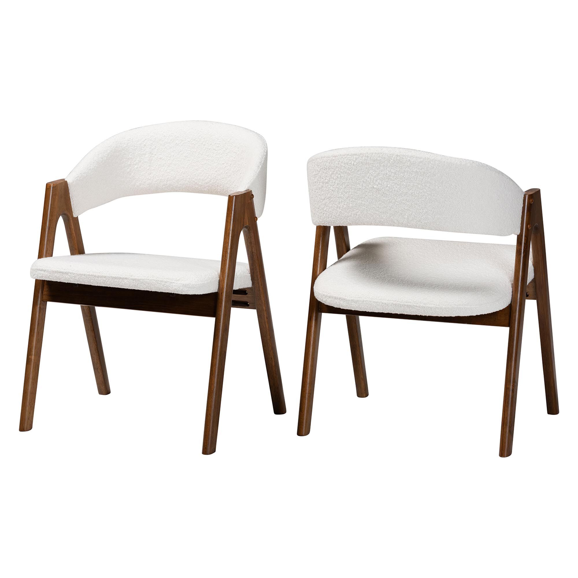 Virden Boucle Upholstered Dining Chair Set of 2- Mid-Century Modern Armchair with Solid Wood Frame and Curved Open-Back Design, WHITE, alternate image number 1