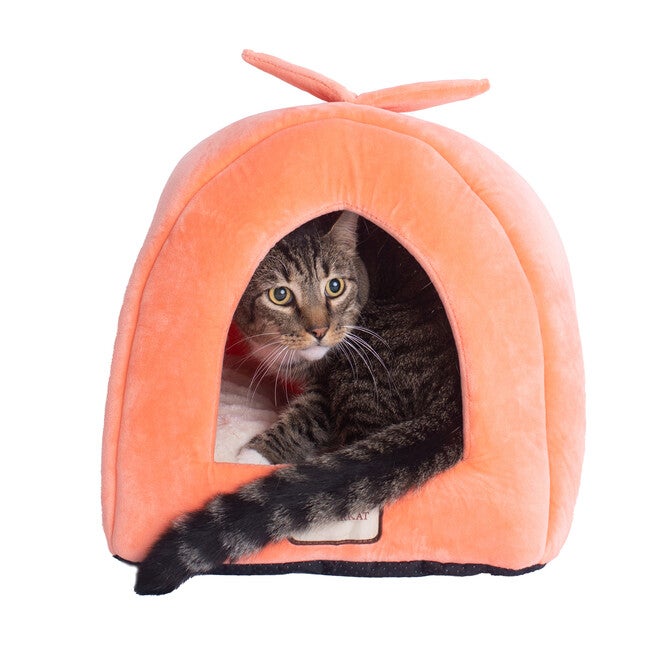 Cat Pet Small Dog Cave Shape Bed, Orange, ORANGE IVORY, hi-res image number 0