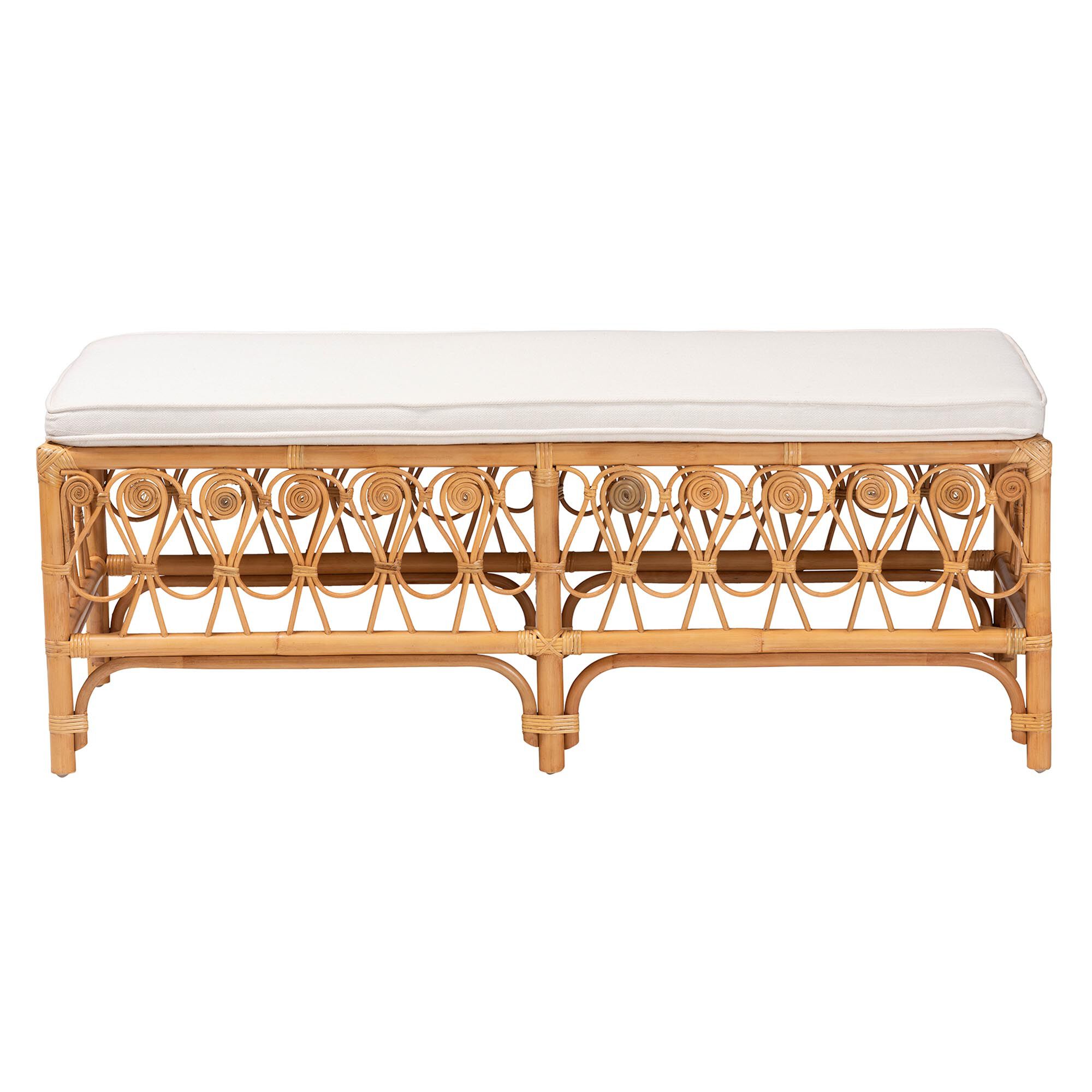 Ibiza Modern bohemian Natural Brown Rattan Bench, WHITE, alternate image number 3