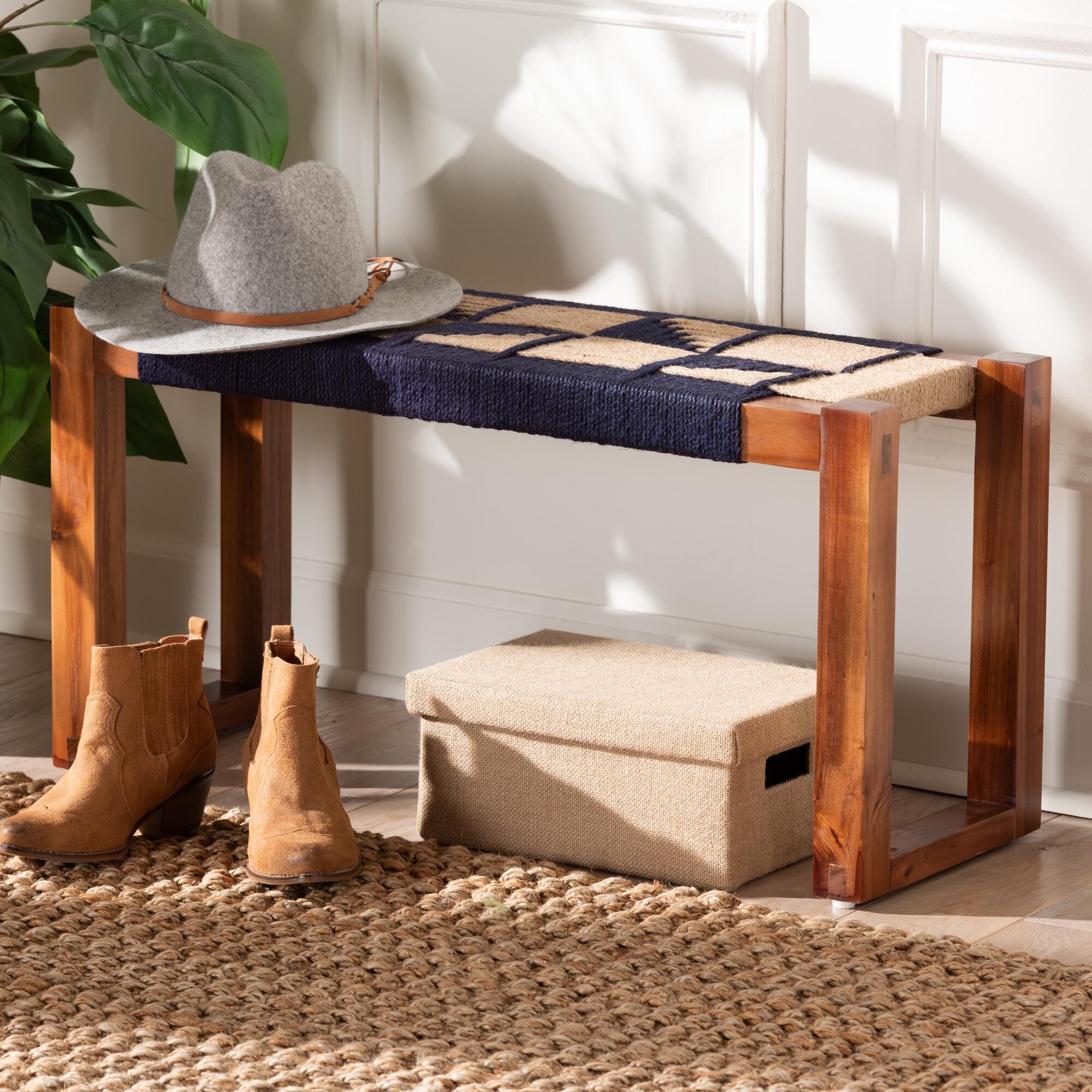 Jerilyn Modern Bohemian Two-Tone Navy Blue and Natura Brown Seagrass and Acacia Wood Accent Bench, BLUE, alternate image number 7