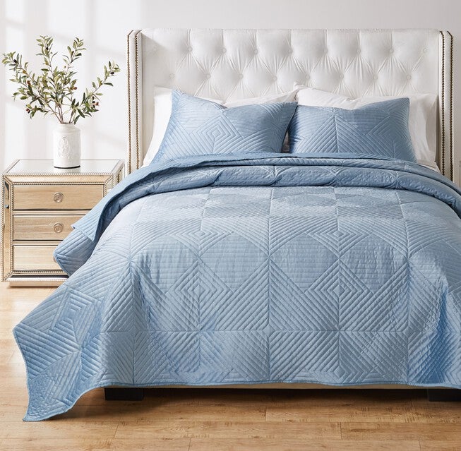 Riviera Velvet Finely Stitched Modern Quilt Set, Red, 3-Piece King, SPA BLUE, alternate image number null