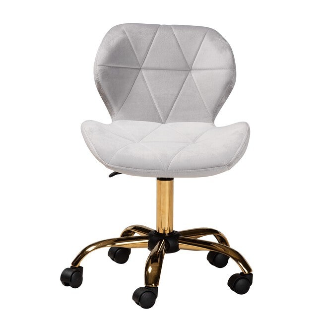 Savara Contemporary Glam And Luxe Grey Velvet Fabric And Gold Metal Swivel Office Chair, , on-hover image number 1