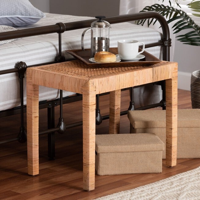 Abelia Modern Bohemian Natural Rattan And Mahogany Wood Short Accent Bench, , alternate image number null