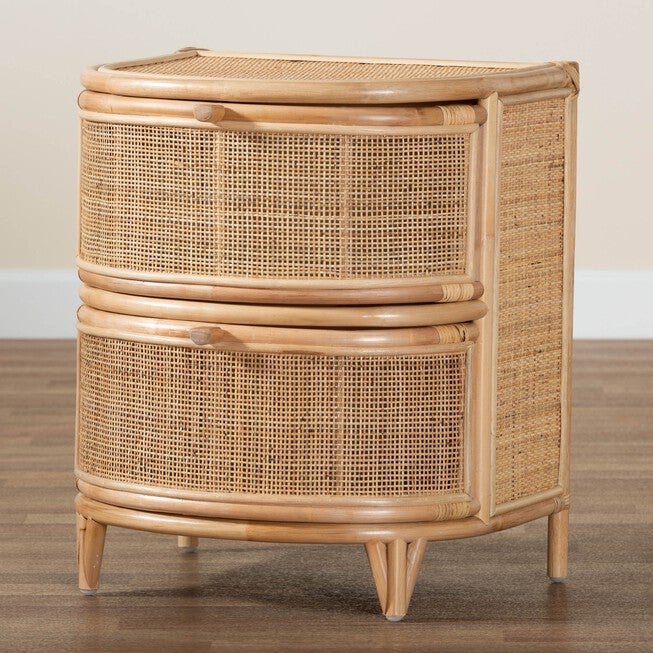 Oleta Modern Bohemian Natural Brown Rattan 2-Drawer Nightstand, , alternate image number null