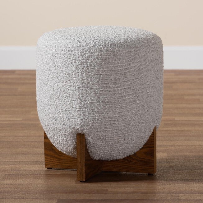 Fisk Japandi Cream Boucle Fabric And Walnut Brown Finished Wood Ottoman Footstool, , alternate image number null
