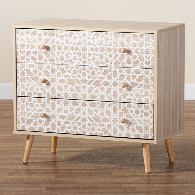 Beau Mid-Century Modern Transitional Two-Tone White And Oak Brown Finished Wood 3-Drawer Storage Cabinet, , alternate image number null