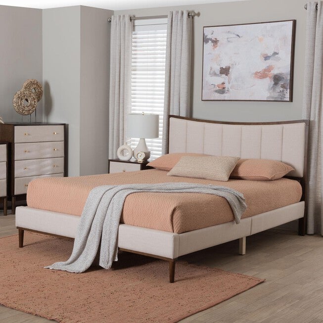Nikolai Mid-Century Channel Tufted Beige Fabric and Wenge Brown Wood Queen Bed, BEIGE/WENG, hi-res image number null