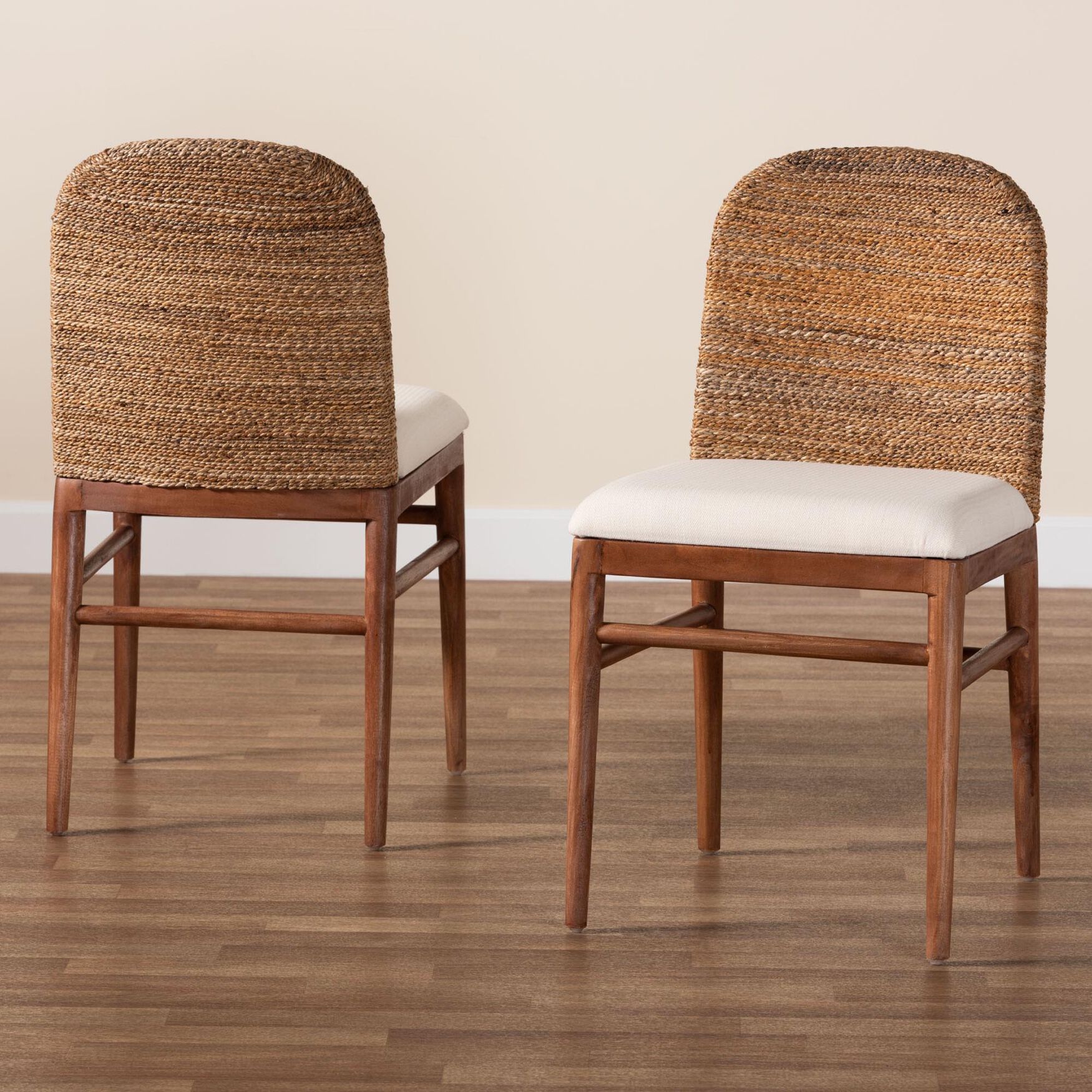 Nadim Modern Bohemian Natural Seagrass and Acacia Wood 2-Piece Dining Chair Set, , alternate image number 12