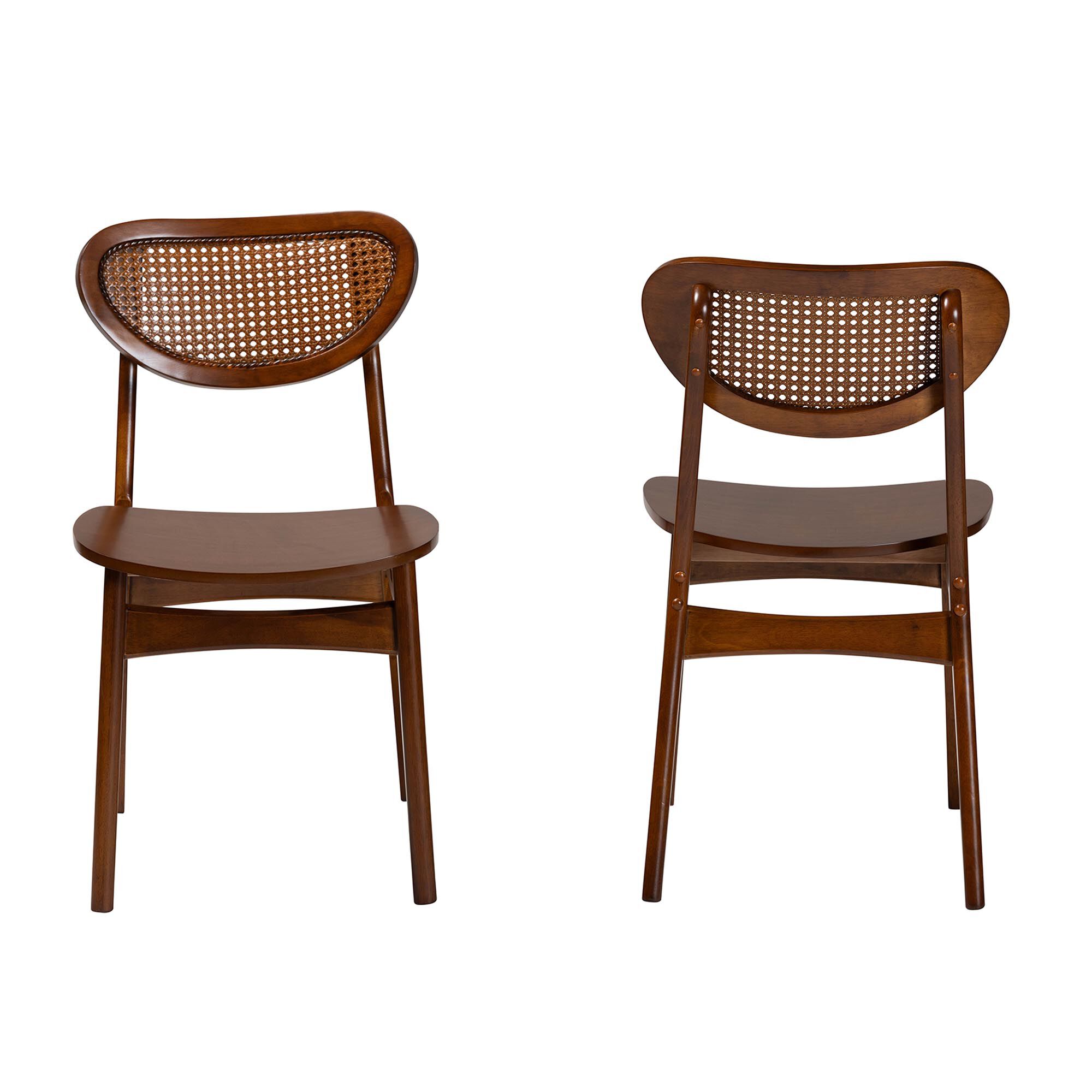 Hesper Mid-Century Modern Walnut Brown Finished Wood and Rattan 2-Piece Dining Chair Set, BROWN, alternate image number 3