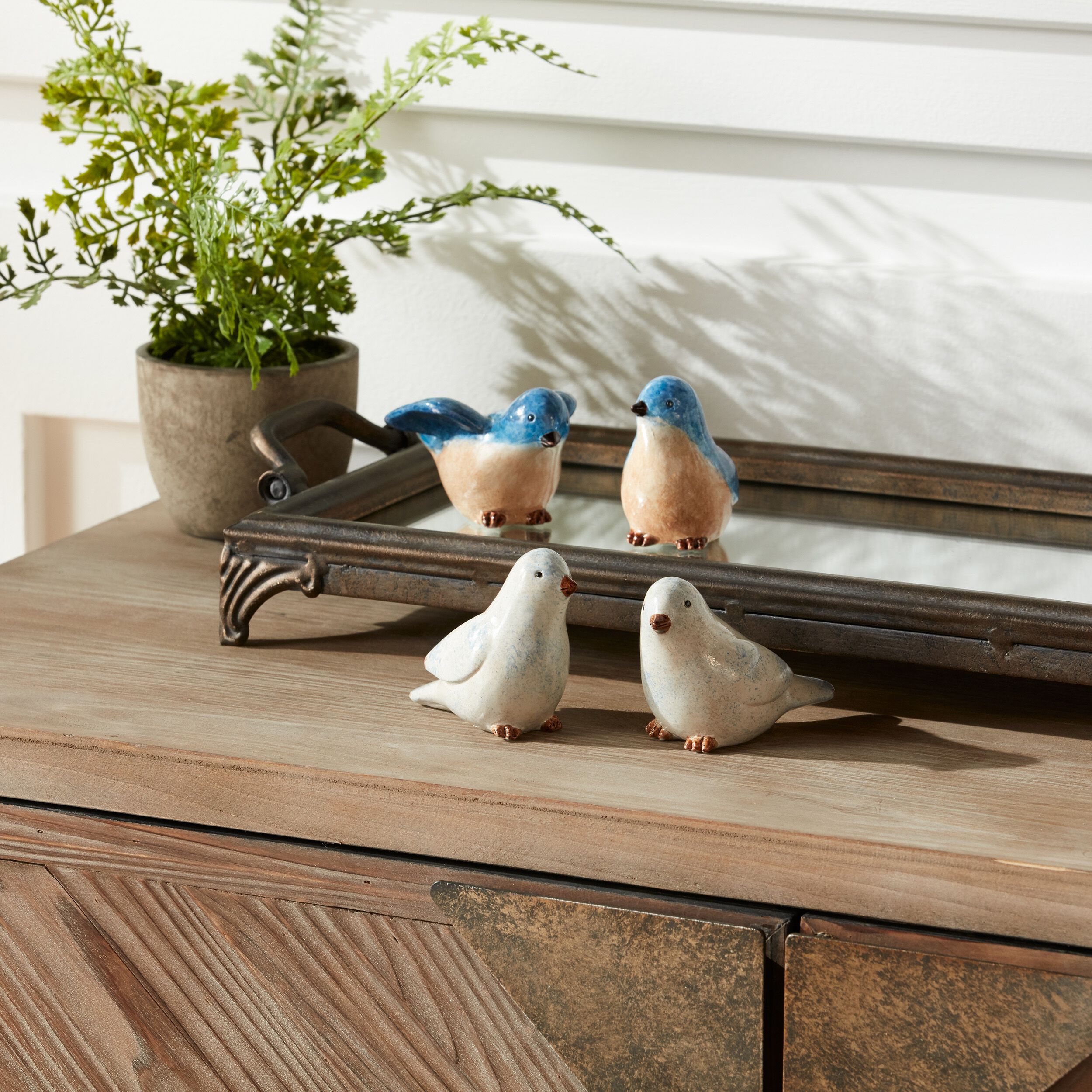 Blue Birds Sitting Figurine Set of 4, BLUE WHITE BROWN, alternate image number 1