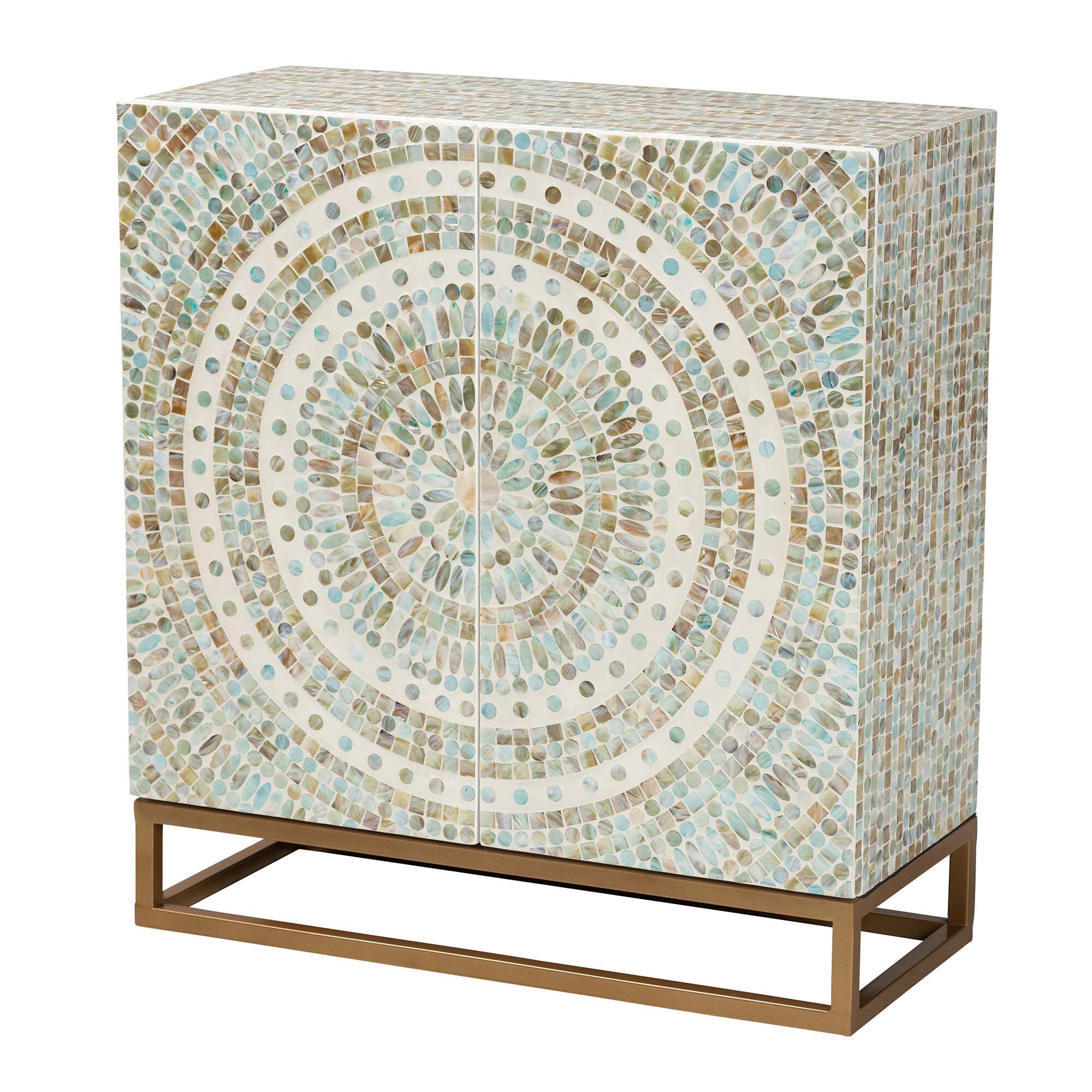 Quintus Modern Bohemian Multicolor Mother of Pearl and Gold Metal Storage Cabinet, MULTICOLOR, alternate image number 2