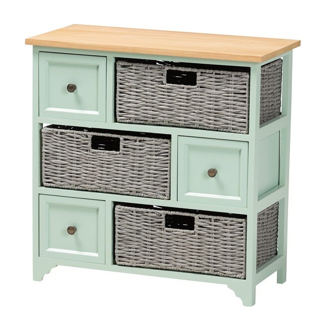 Valtina Modern And Contemporary Two-Tone Oak Brown And Mint Green Finished Wood 3-Drawer Storage Unit With Baskets, BROWN GREY GREEN, hi-res image number null