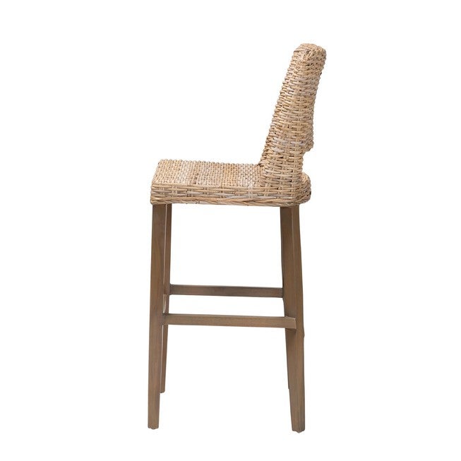 Magy Modern Bohemian Grey Kubu Rattan And Mahogany Wood Bar Stool, , alternate image number null