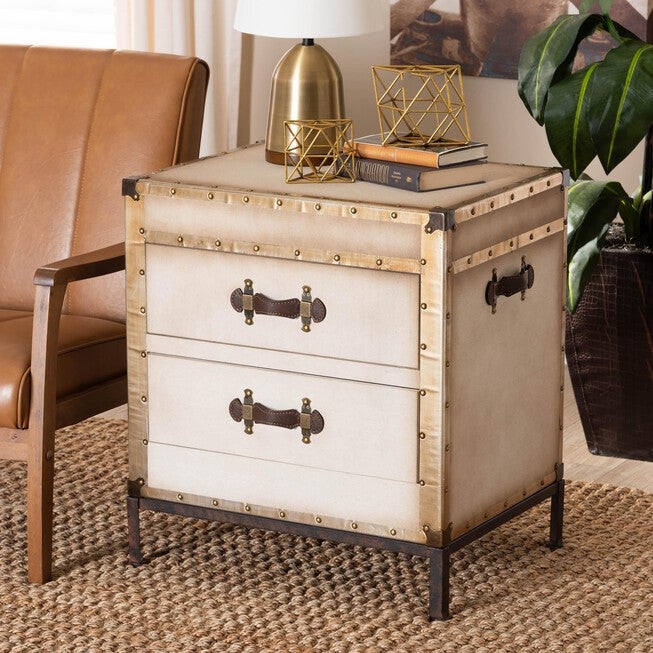 Laura Vintage White Canvas 2-Drawer End Table Trunk, WHITE, hi-res image number null