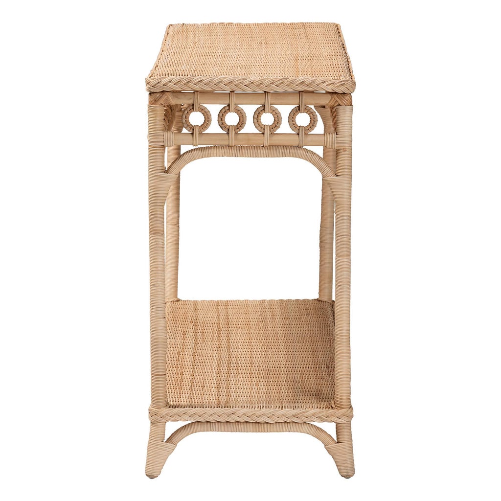 Natural rattan console table side view with woven lower shelf