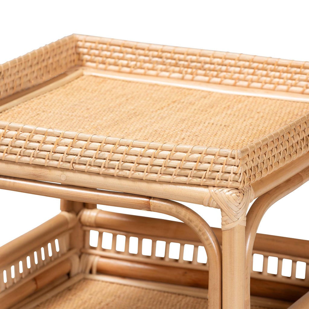 Close-up of woven rattan tabletop edge on natural end table